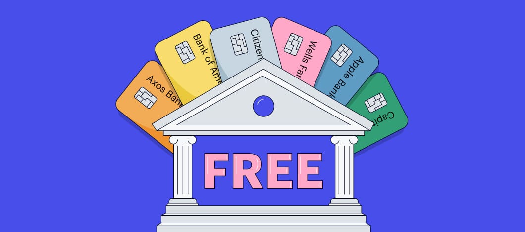 Blue background with image of bank building with the word “Free” on it and several debit cards all around