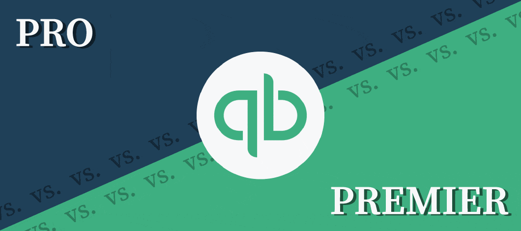 Moving graphic with blue and green background and the QuickBooks logo with the words Pro on one corner and Premier on the other corner