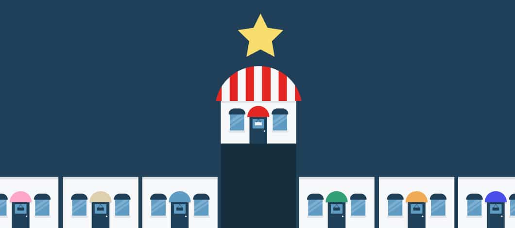 Blue background with a row of storefronts, with one standing out above the rest, shown with a star over the roof.