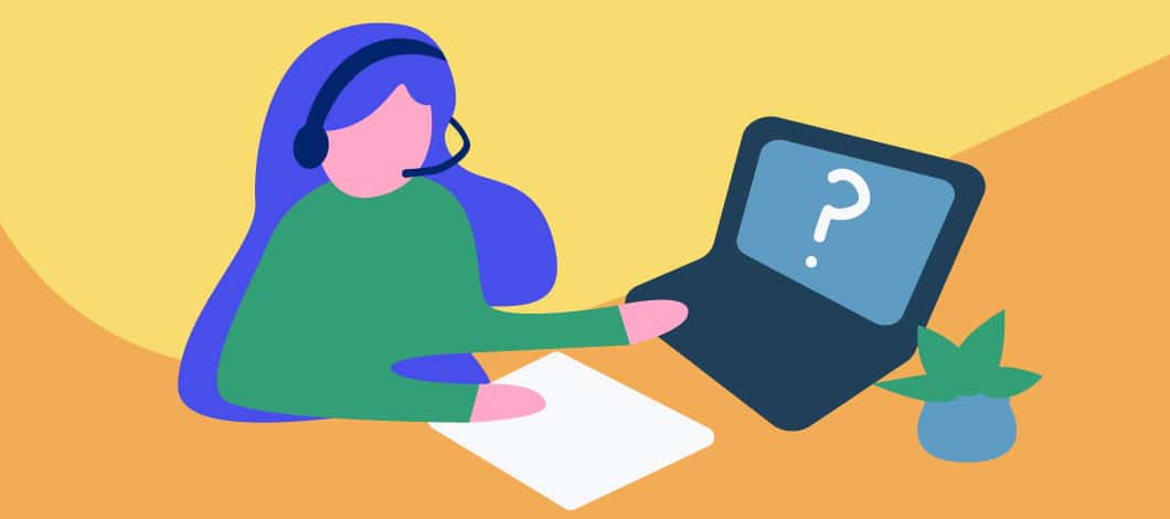 An illustration of a woman wearing a headset and working at a laptop as she answers consumer questions. Remembering great customer service quotes can help enhance your work in customer assistance.