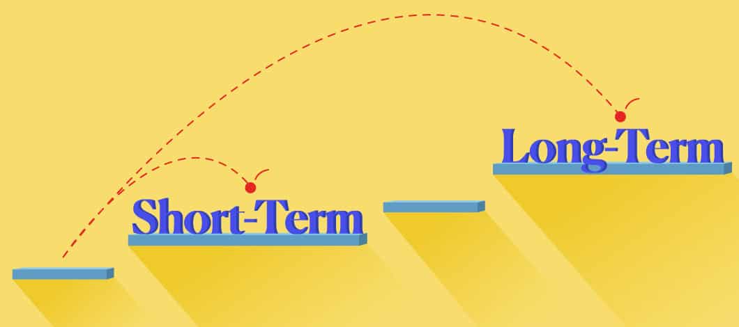 Red dots bounce up levels from the words “short-term” to “long-term,” showing how your START goals can adjust to each situation.