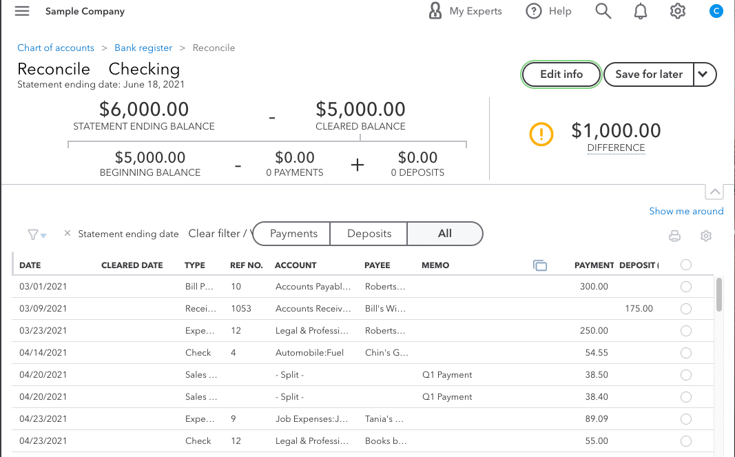 A screenshot of a transaction record in QuickBooks Online. You’ll want to compare your QuickBooks Online records to your bank statements when reconciling accounts.