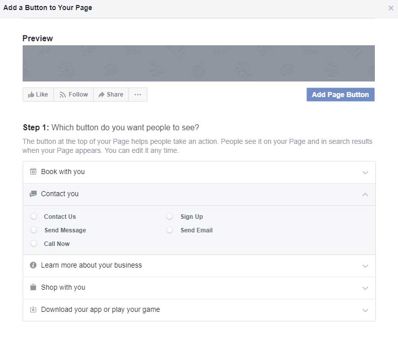 Screenshot of how to add a call to action button to your Facebook business page.
