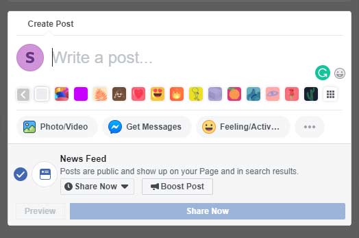 A screenshot of how to create a post on your Facebook business page.