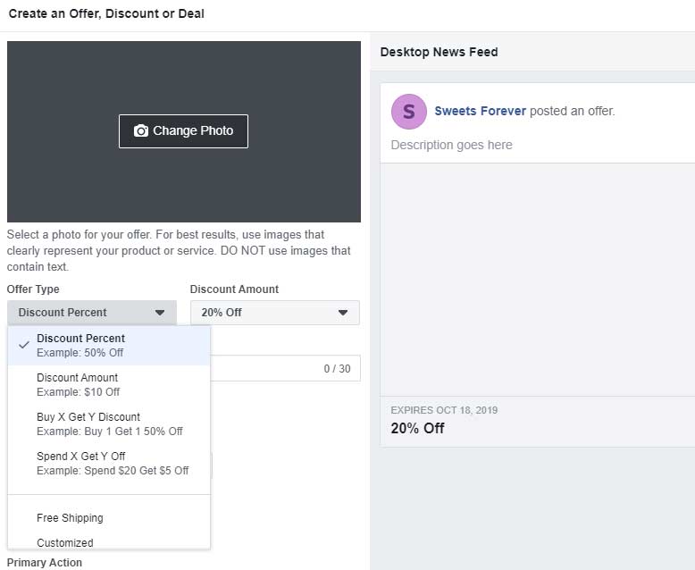 A screenshot of how to create a discount you can offer to your Facebook business page followers.