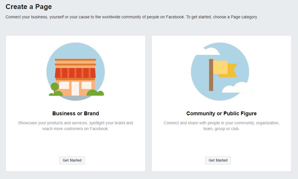 A screenshot of the “business” or “brand” options for building your Facebook business page.