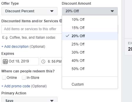 A screenshot of the options you can select to create parameters for a promotional offer on your Facebook business page.