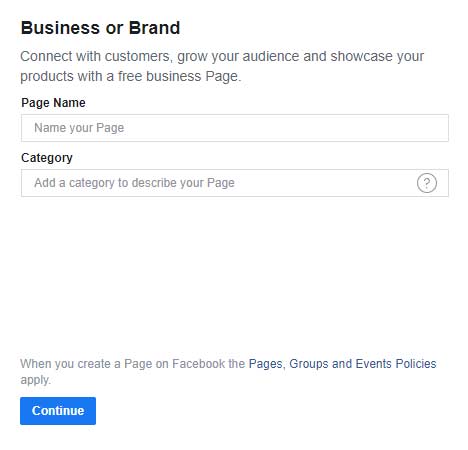 A screenshot of where you’ll enter your business name and category as your start building your Facebook business page.
