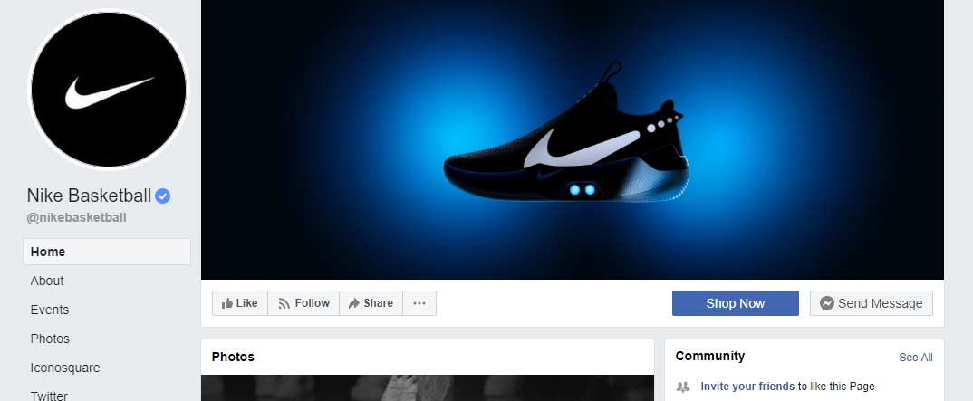 A screenshot of the Nike Basketball Facebook business page. The page uses the Nike logo as the profile picture and an image of the sneaker as its cover photo.