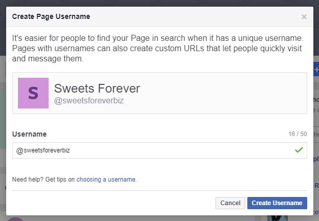 A screenshot of the box where you’ll create the username for your Facebook business page.