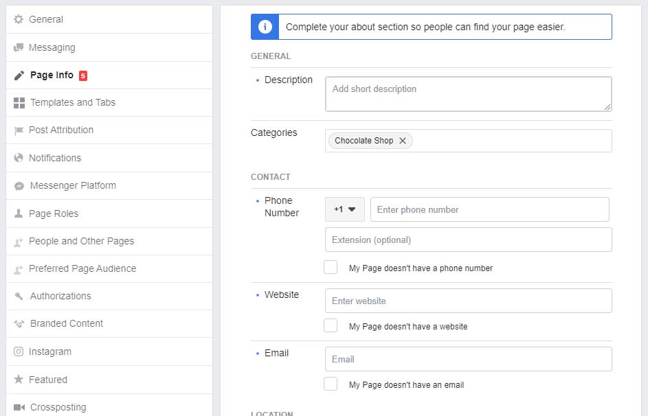 A screenshot of details you’ll add to your Facebook business profile.