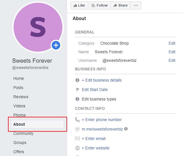 A screenshot of the “about” option, which is framed in red, to add a business description to your Facebook profile.