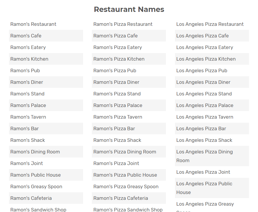 A screenshot of suggested restaurant names from the Fit Small Business restaurant name generator.