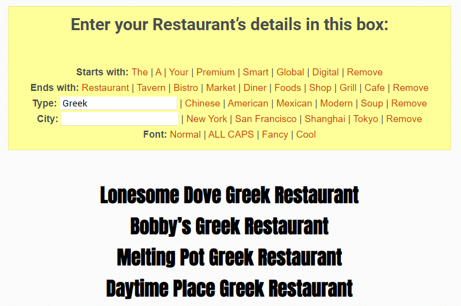 A screenshot of the suggested names returned by the Greek restaurant name generator.