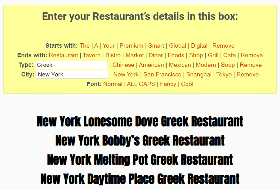 A screenshot of alternate restaurant names from the Kopywriting Kourse generator.