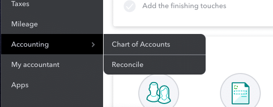 A screenshot of the side menu in QuickBooks Online that can take you to a section for account reconciliation.