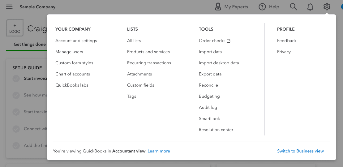 A screenshot of of QuickBooks Online operations options, including reconciling your accounts.