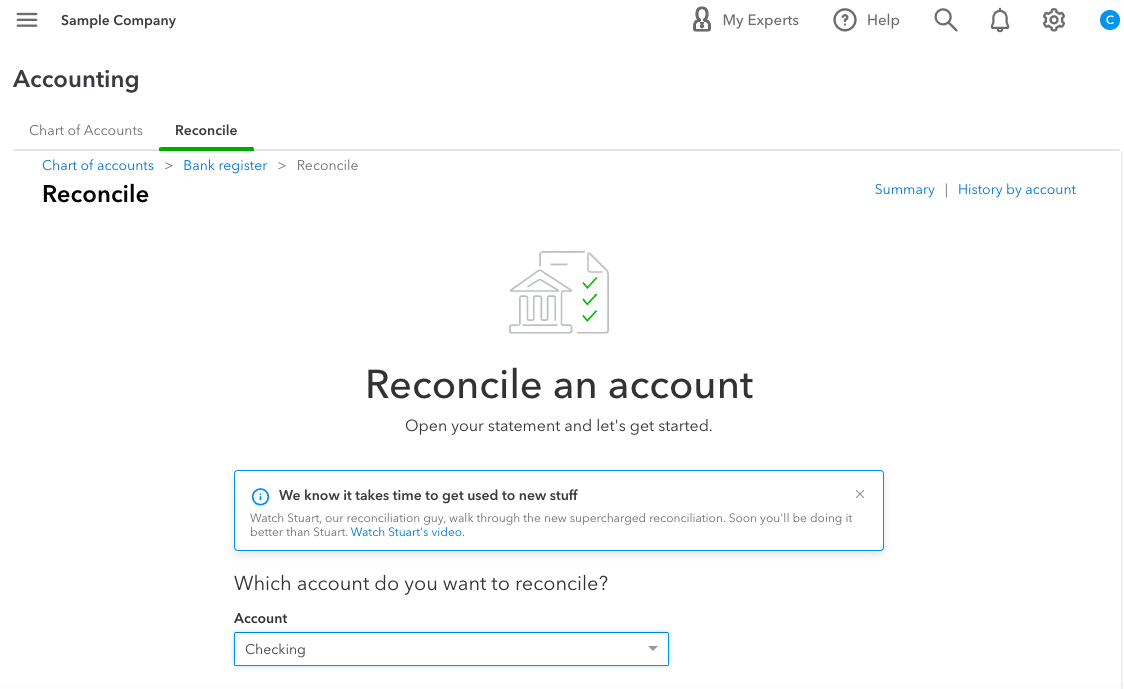 A screenshot of the accounting section where you can reconcile an account in QuickBooks Online