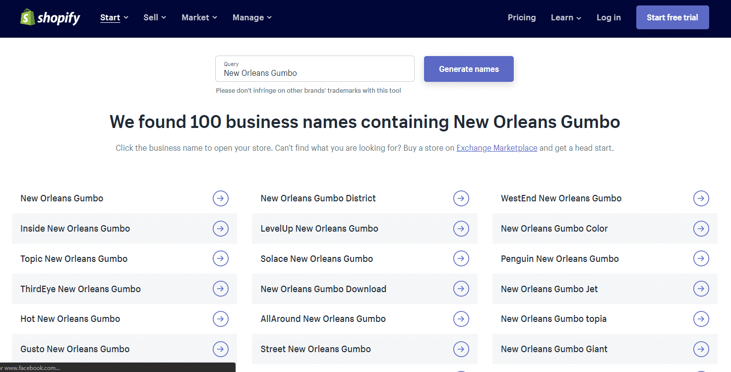 A screenshot of Shopify’s suggestions from its restaurant name generator.