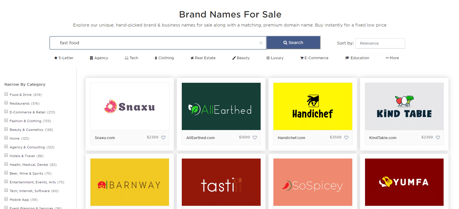 A screenshot from the Squad Help website, which shows brand names for sale.