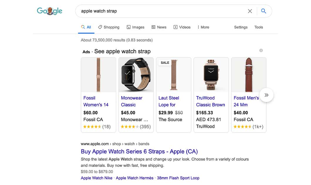 When someone types in a search term that Google thinks is a product, the search engine will hunt for ads related to that and show them across the very top of the results page.