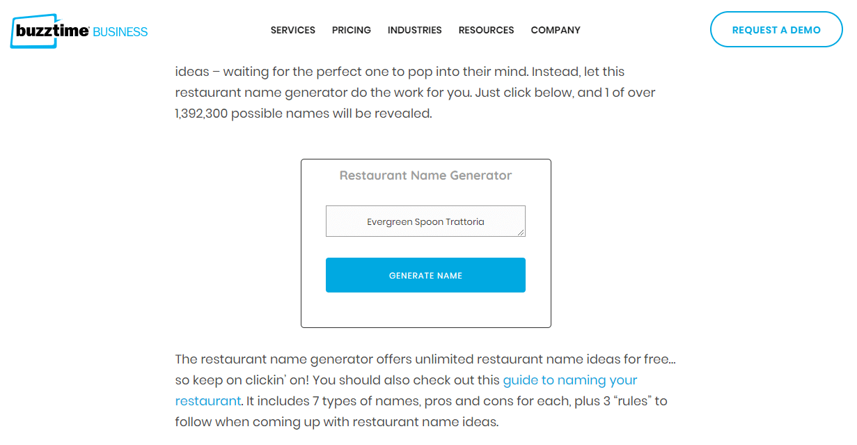 A screenshot of the Buzztime Business random restaurant name generator.