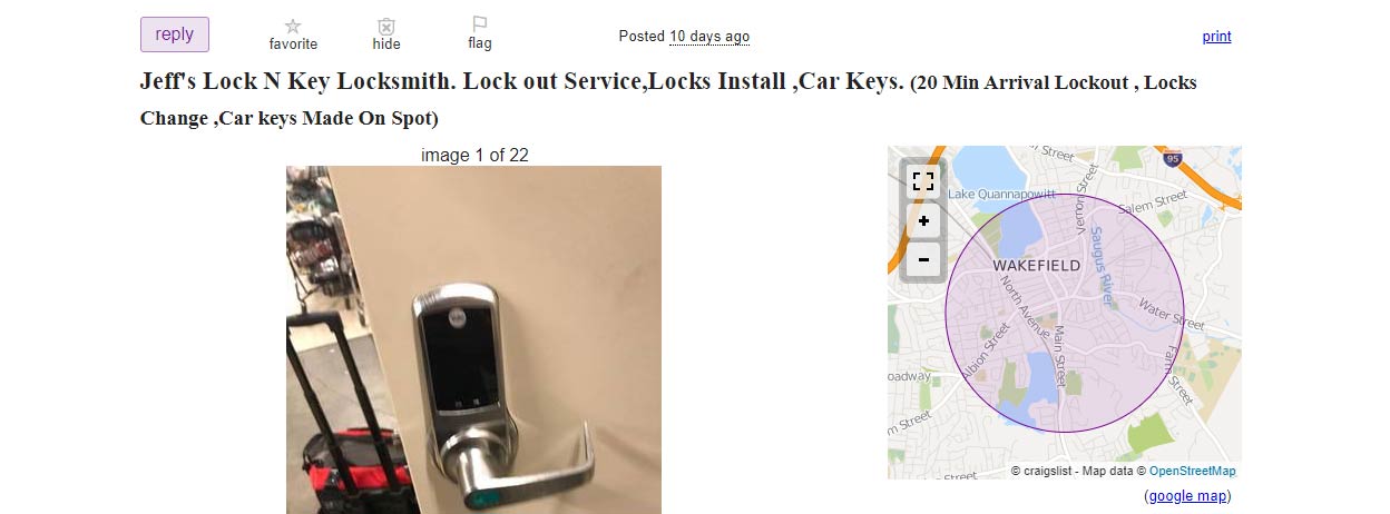 A Craigslist post for Jeff's Lock N Key locksmith service