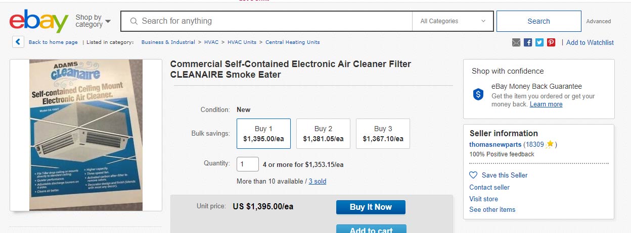 An eBay posting for a commercial self-contained electronic air cleaner.