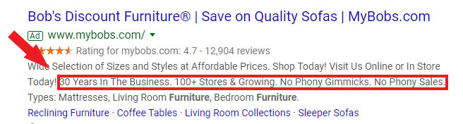 A paid Google search result for Bob’s Discount Furniture. The best Google ads use ad extensions that give customers the right information.