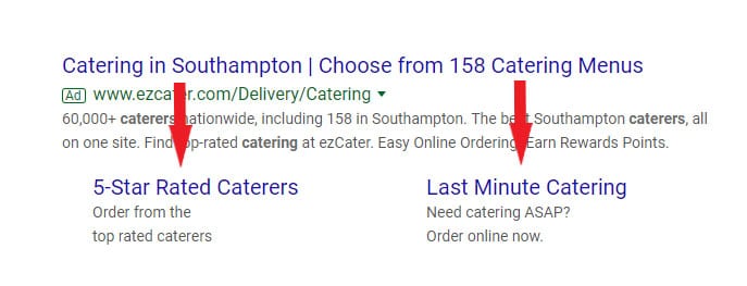 A paid Google search result for catering in Southampton. A great Google ads tip is to use sitelink extensions to generate clicks.