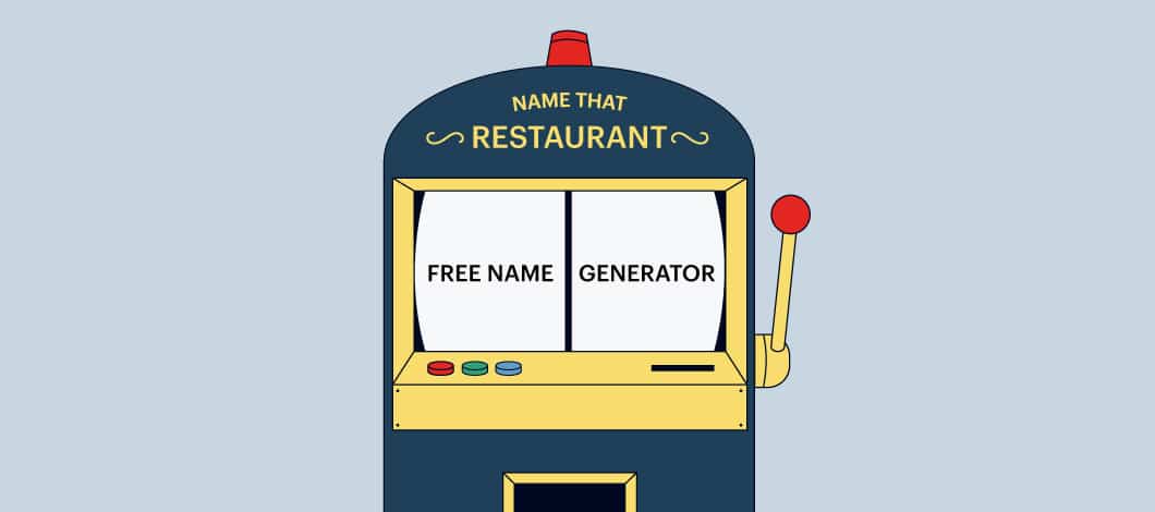 A slot machine labeled “name that restaurant” shows the words “free name” and “generator” on its screen, depicting a random restaurant name generator.