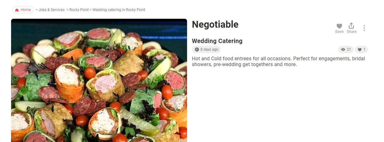 LetGo listing for wedding catering includes a picture of sandwich wraps.