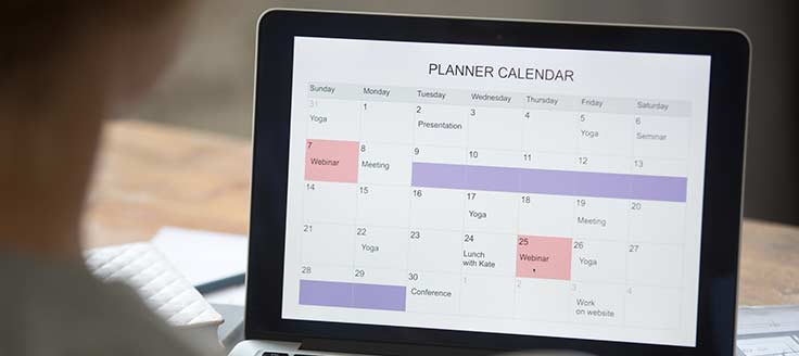 An entrepreneur works on a laptop and reviews the calendar they’ve integrated with free booking software.