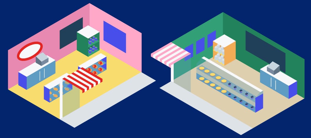 An illustration of 2 different store layout designs. Your shop layout has a big impact on customer satisfaction and your business’s overall profitability.