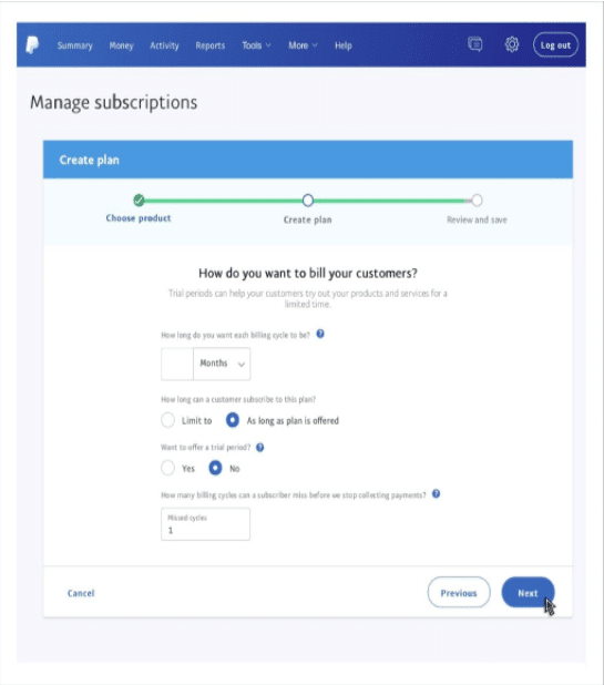 A screenshot of the PayPal website where you can work with plans for recurring payments.