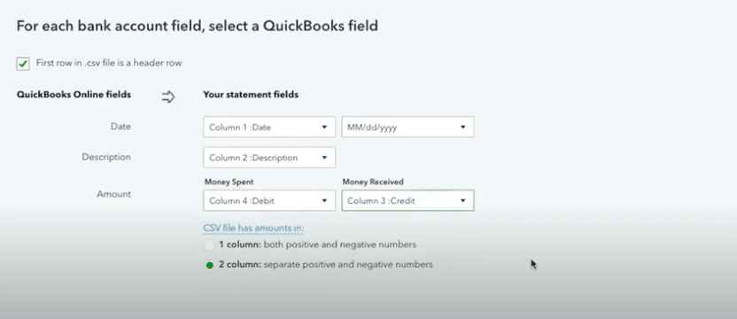 Select a QuickBooks field as you import transactions