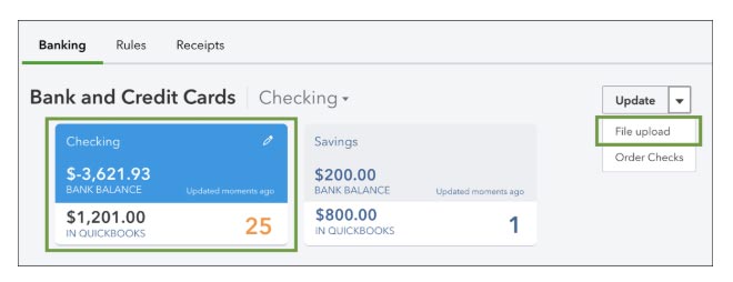 A screenshot of QuickBooks bank and credit card transactions.