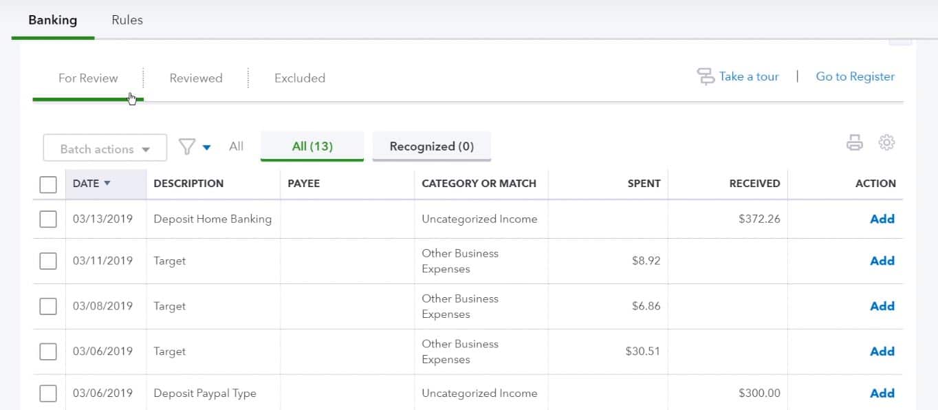 A screenshot of QuickBooks Online where you can review the transactions you’ve imported from Excel.