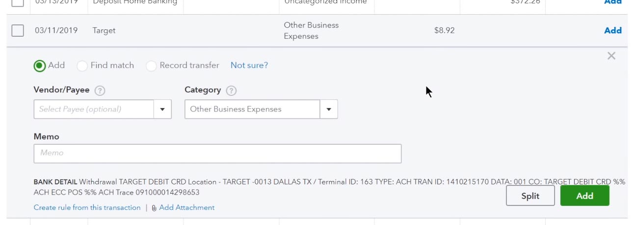 A screenshot of an expanded view of a transaction imported from Excel into QuickBooks Online.