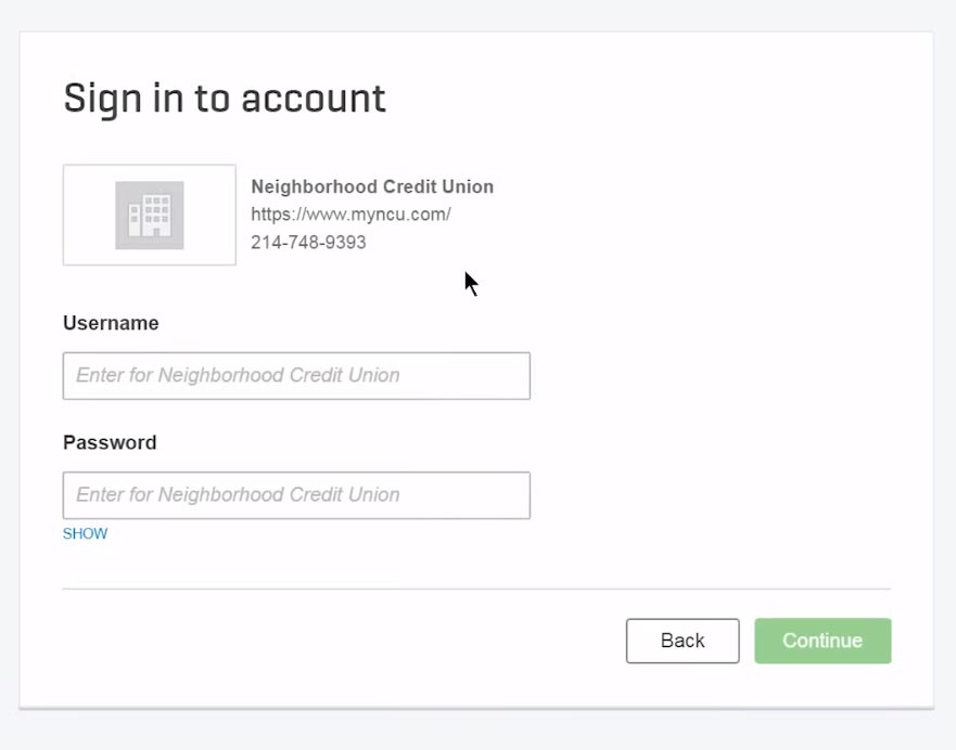 A screenshot of the sign-in screen to connect your bank account to QuickBooks.