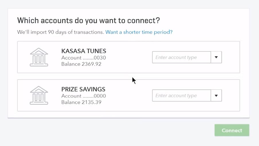 A screenshot of 2 bank accounts. Select one to connect and import your transactions into QuickBooks Online.