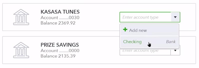 A screenshot of QuickBooks Online, where you can select the type of bank account you’ll connect.