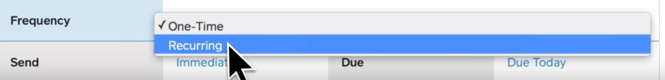 A screenshot of the word “recurring” highlighted on a drop-down menu. Square’s website allows you to set up recurring payments for customers.