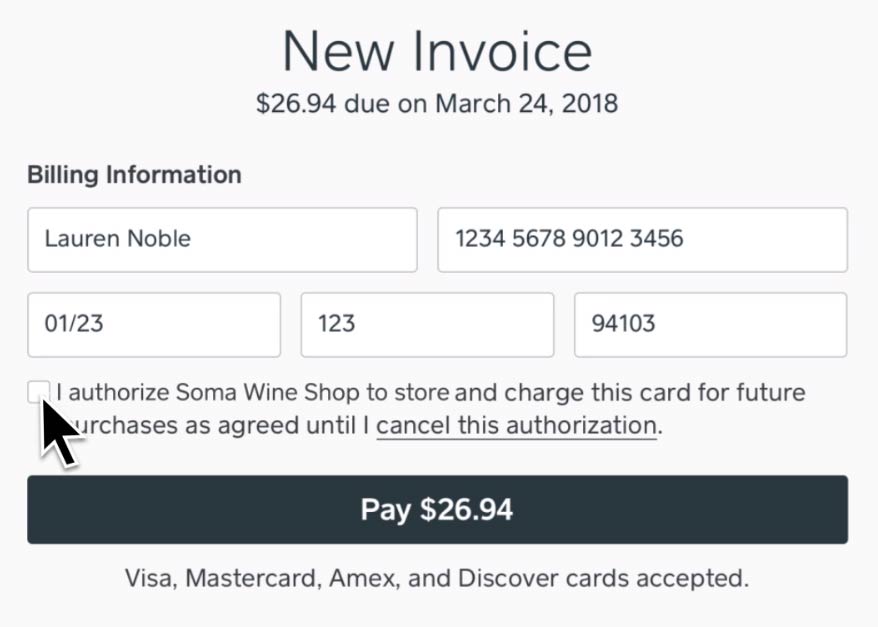 A screenshot of a new invoice with a customer’s billing information and agreement to make automatic payments to a business.