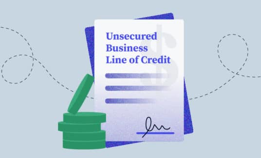 Document wiht the words Unsecured Business Line of Credit next to a stack of coins