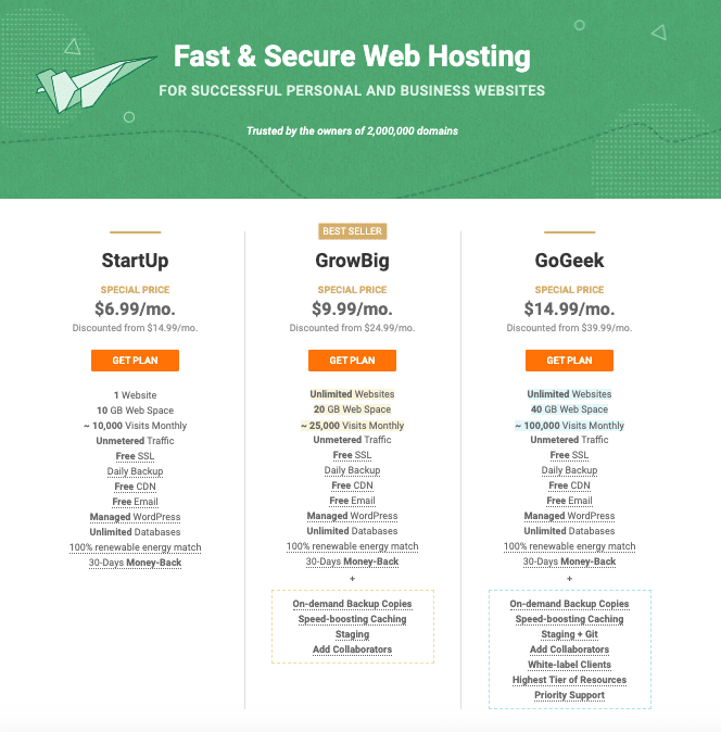 A screenshot where the pricing and features of different hosting plans are compared.