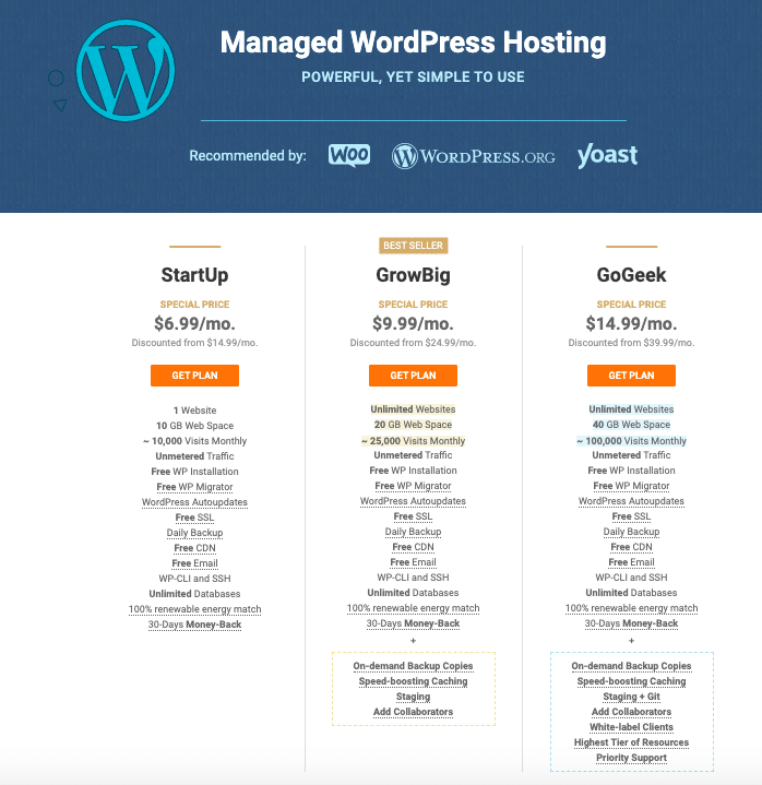 A screenshot in which WordPress hosting plans’ prices and features are compared.