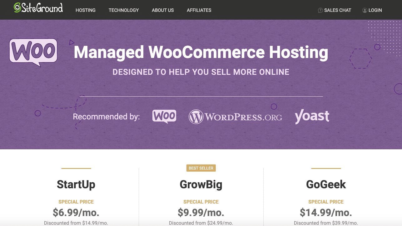 A screenshot of the SiteGround site that shows different pricing packages for WooCommerce hosting.