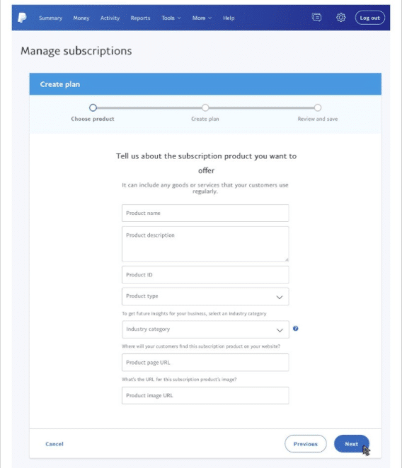 A screenshot of the PayPal website where you can create a plan for automatic payments.