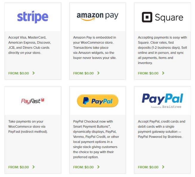 You can install Stripe, Amazon Pay, Square and PayPal at no cost.